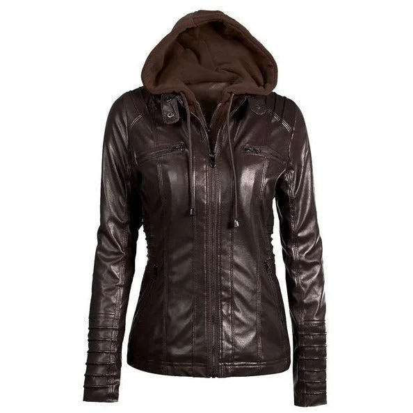 Womens Leather Button-Up Collar Jacket