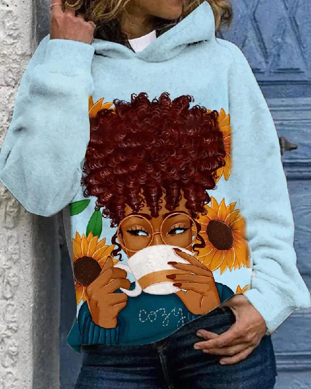 Curly Hair Coffee Girl Long Sleeves Hoodie