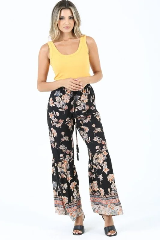 Angie Boho Floral Print Pants - Black