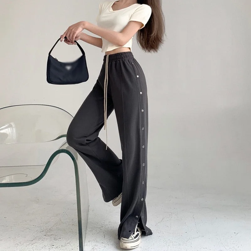 Amy Fashion - Sporty Side Button Wide Leg Track Pants