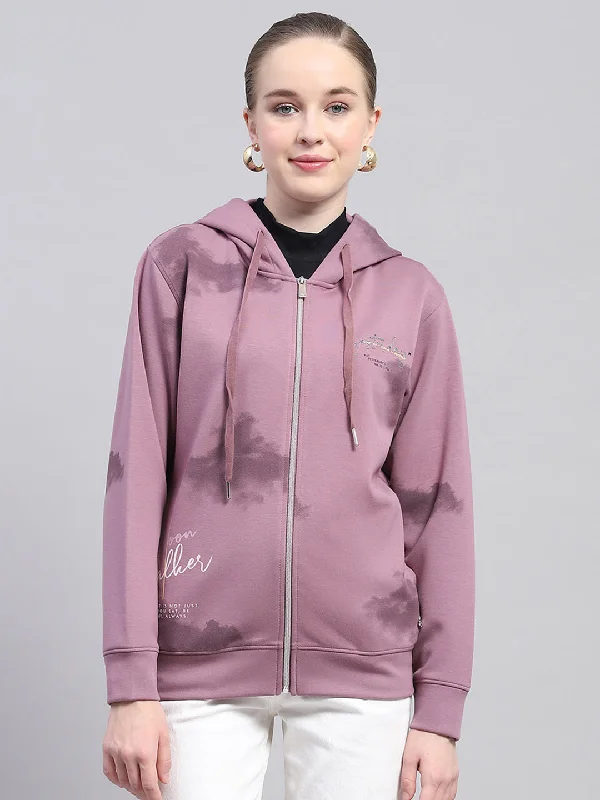 Women Pink Printed Hooded Full Sleeve Sweatshirt