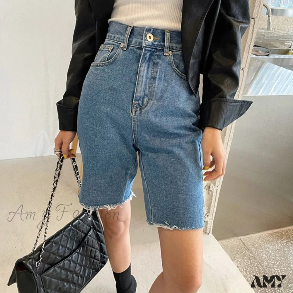 Amy Fashion - Button Fly Straight Denim Shorts