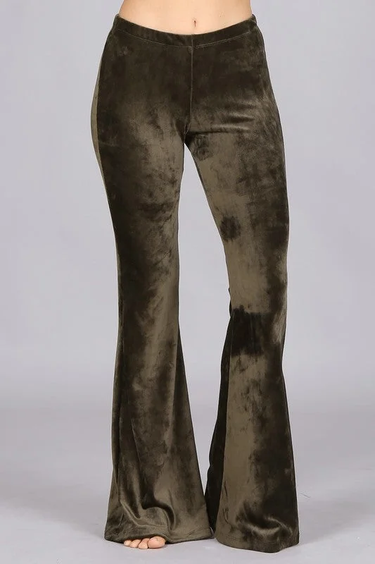 Chatoyant Stretchy Velour Bell Bottom Pants - Dark Olive