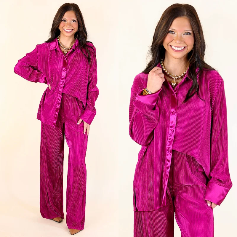 Dazzling Satin Plissé Ribbed Button Up Top in Magenta