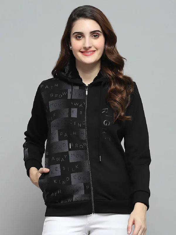 Women Black Printed Hooded Full Sleeve Sweatshirt