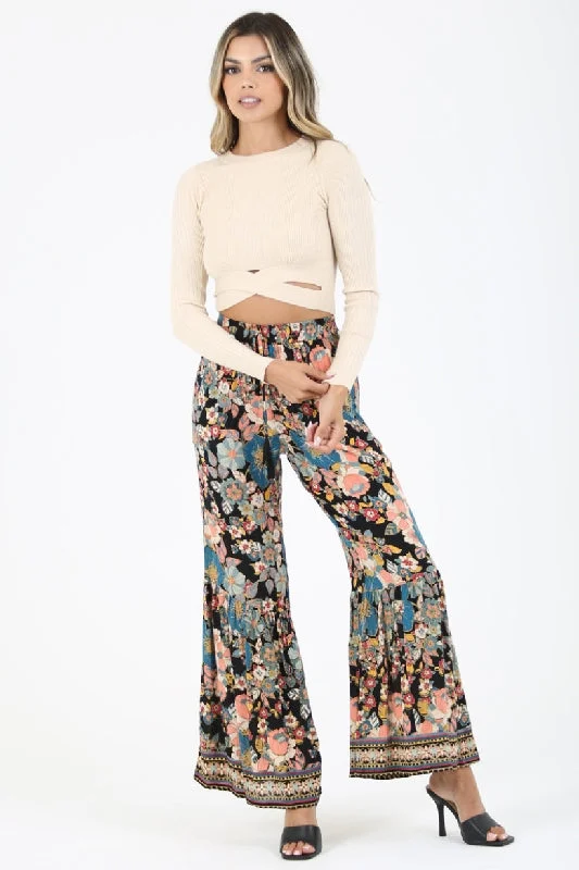 Angie Boho Floral Print Pants - Black