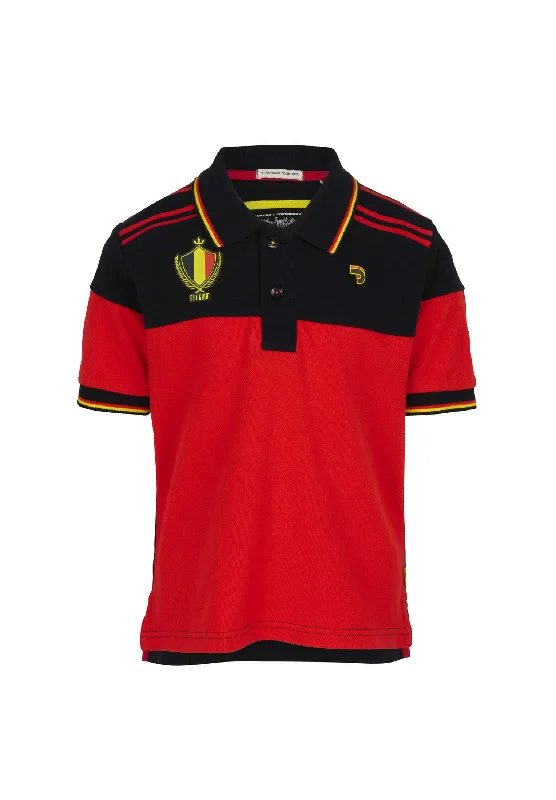 Polo enfant unisexe rouge et noir avec drapeau belge