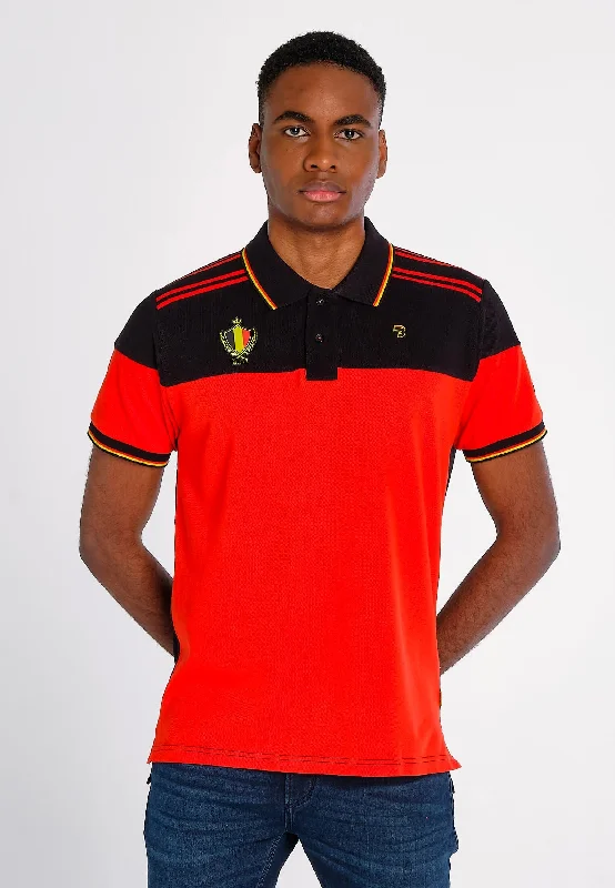 Polo homme rouge et noir avec drapeau belge