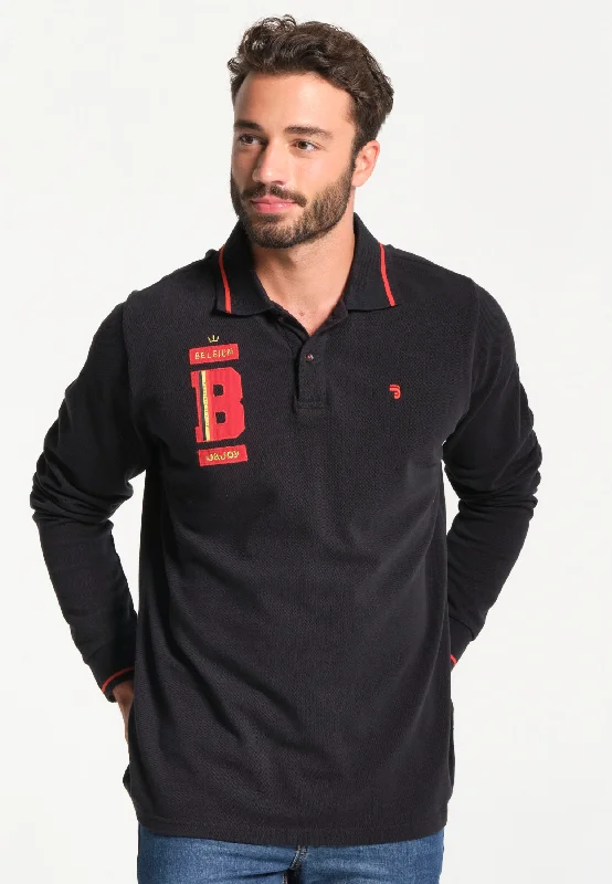 Polo homme longues manches noir avec logo Belgium