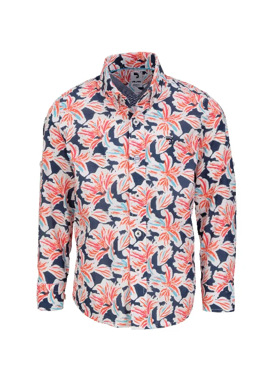 Chemise garçon bleue avec fleurs rouges