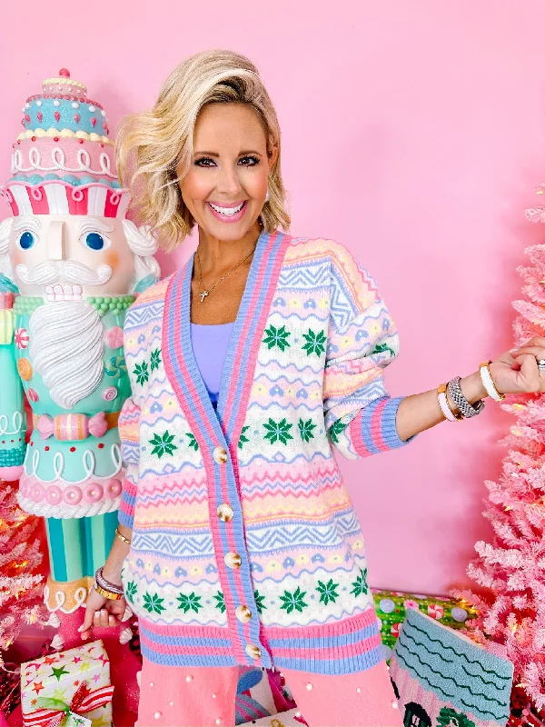 HAVE FAITH FAIRISLE SNOWFLAKE CARDIGAN - BLUE/PINK