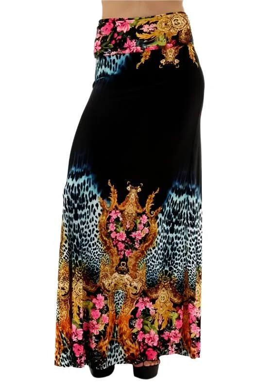 Uptown Floral Animal Print Black Maxi Skirt