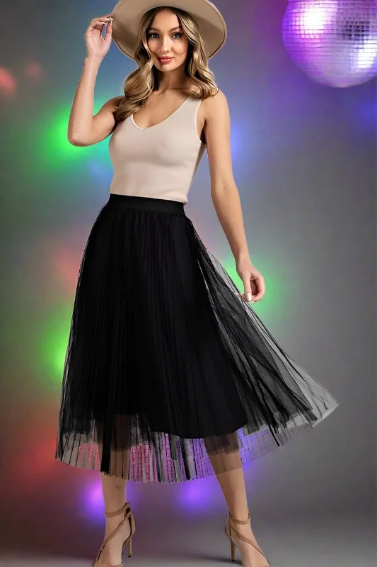 Eesome Mesh Pleated Midi Skirt - Black