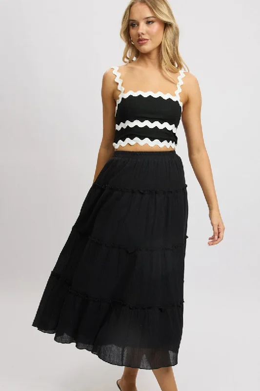 Black Midi Skirt Tiered High Rise Lined