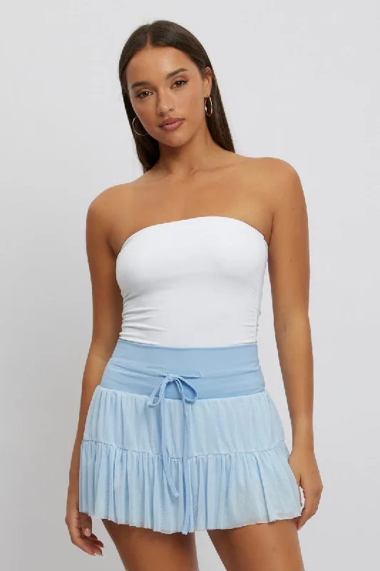 Blue Flare Skort Skirt High Rise Mini Mesh Tiered