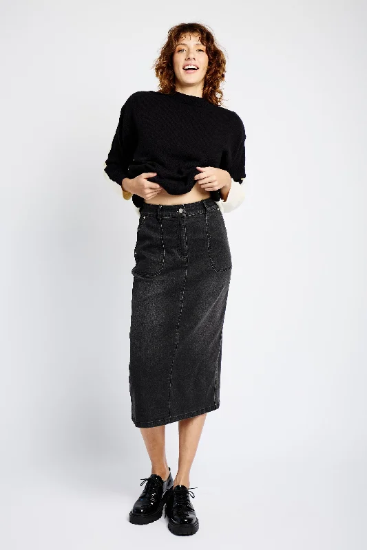 Denim Skirt with Back Slit in Black