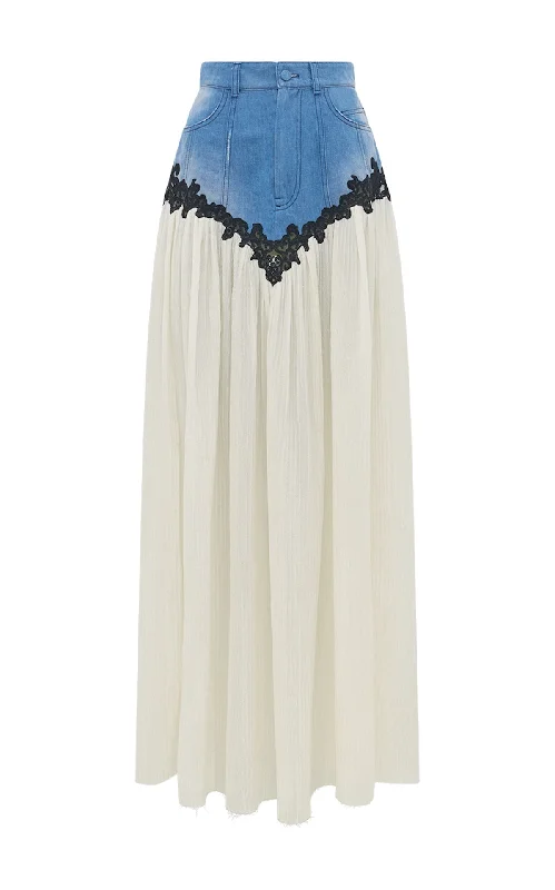 Leigh Lace Maxi Skirt in Light Blue Recycled Cotton Linen Denim