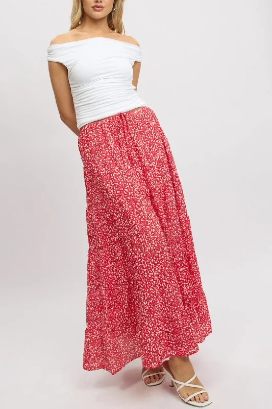 Red Ditsy Maxi Skirt Tiered High Rise