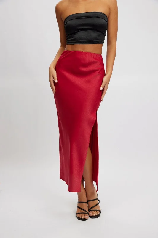 Red Slip Skirt High Waist Front Split Midaxi Satin