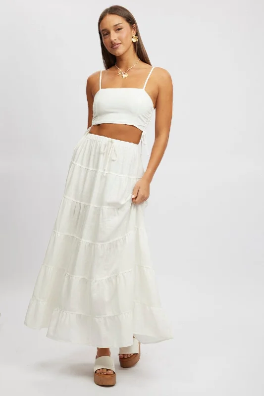 White Maxi Skirt Tiered High Rise