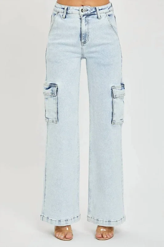 High Rise Wide Cargo Jeans In Light Wash