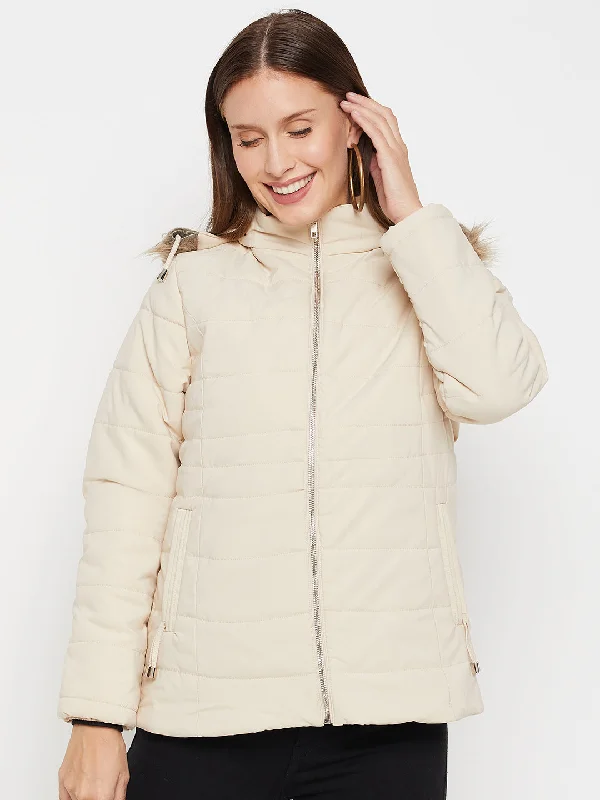 Women's Casual  Beige Quilted Detachable Hood with Faux Fur trim Puffer Jacket