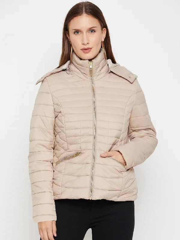 Women's Casual  Beige Quilted Detachable quilted Hood Puffer Jacket