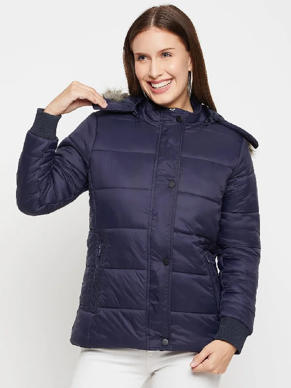 Women's Casual  Blue Quilted Detachable Hood with Faux Fur trim Puffer Jacket