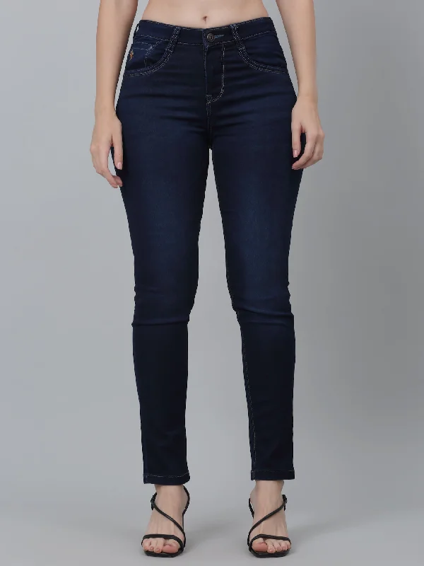 Women's Casual Skinny Fit Dark Mercerised Blue No Fade Mid rise Jeans