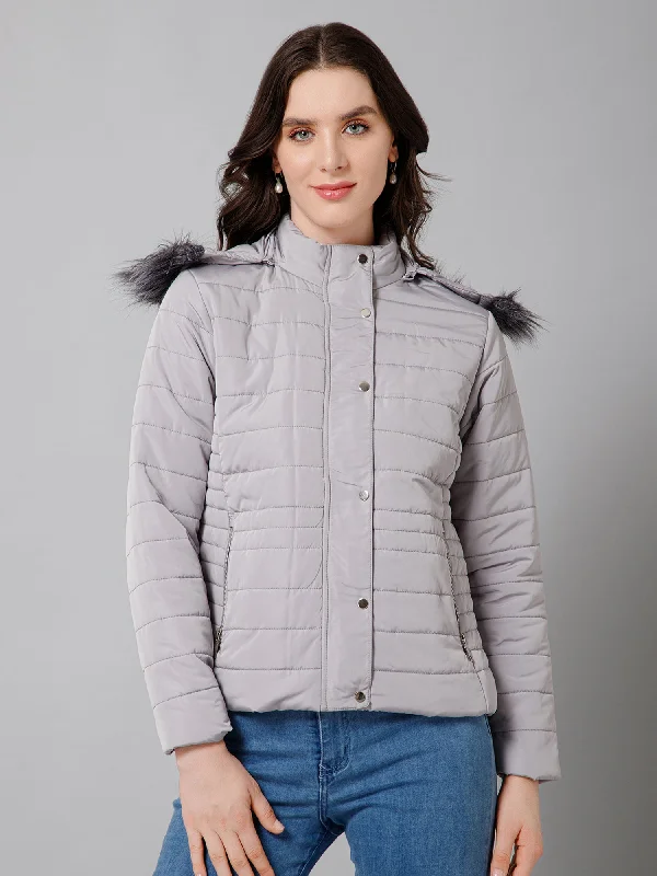 Women's Casual  Grey Quilted Detachable Hood with Faux Fur trim Jacket