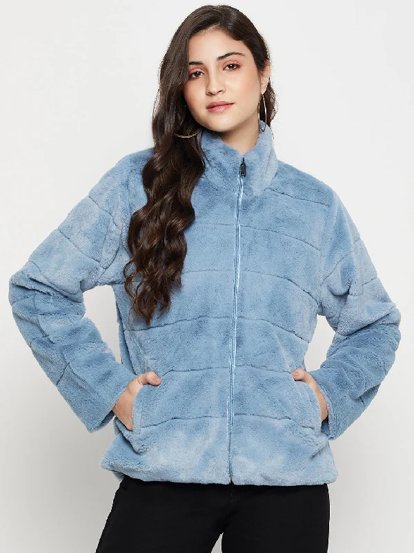 Women's Casual  Blue Soft Faux Fur  Jacket