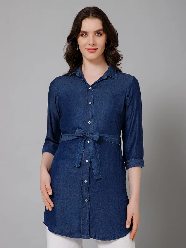 Women's Casual  Dark Blue Denim Solid Spread Collar Tunic