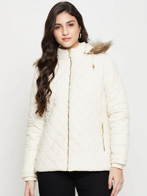 Women's Casual  Ivory Quilted Hood with Faux Fur trim Jacket