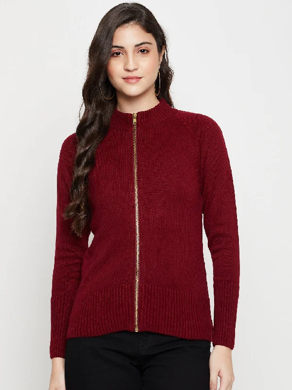 Women's Casual  Maroon High neck Zipthru Cardigan Sweater