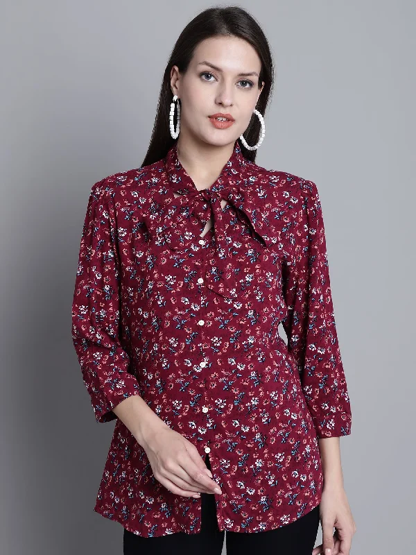 Women's Casual  Wine Floral Print Tie neck Top