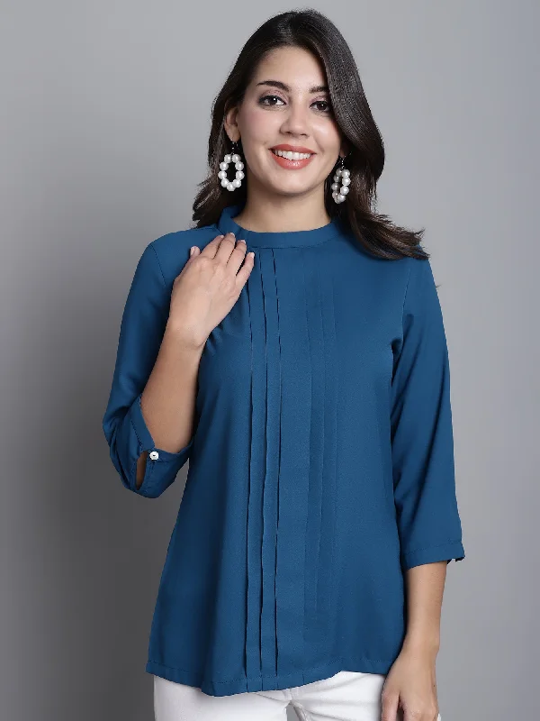 Women's Casual  Teal Blue Solid Band Collar Top