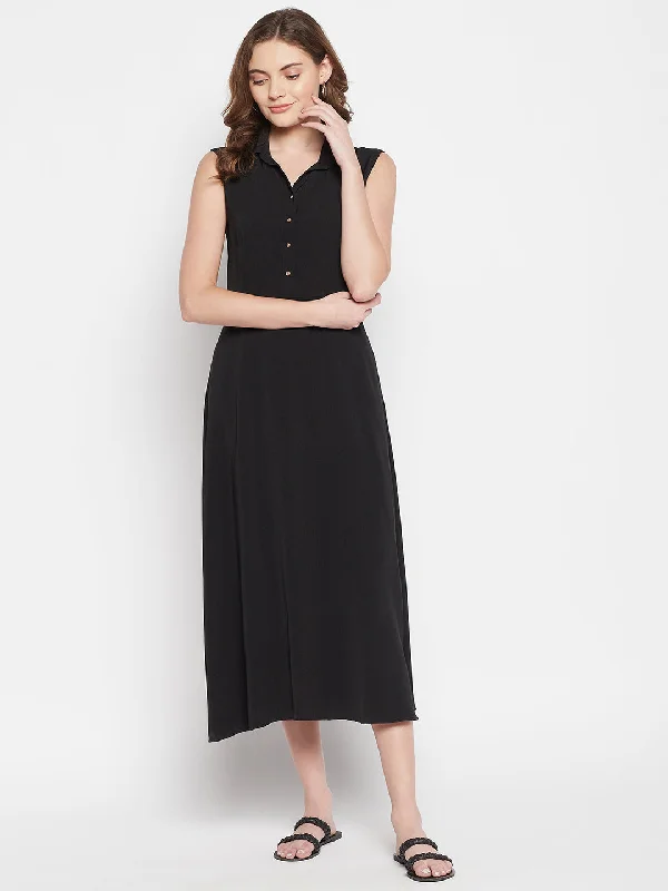 Women's  Spread Collar Black Solid A line Dress