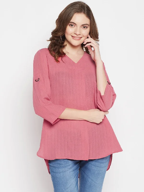 Women's Casual  Pink Solid V neck Tunic