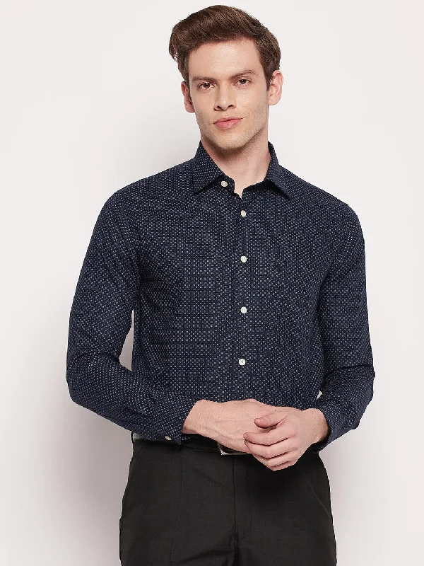 Men's Navy Blue Formal Geometric Print Full Sleeve Shirt