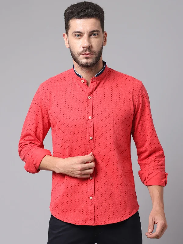 Men's Dark Pink Casual Dot Print Knit Self Textured Full Sleeve Shirt