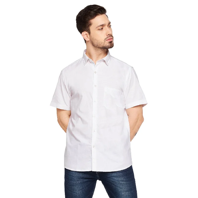 Cotton Solid White Half Sleeve Regular Fit Casual Shirt for Men with Pocket