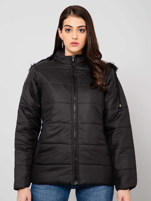 Women's Casual  Black Quilted Detachable Hood with Faux Fur trim Jacket