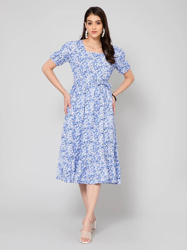 Women's Casual Square neck Blue Ditsy Floral Print Fit & Flared Dress