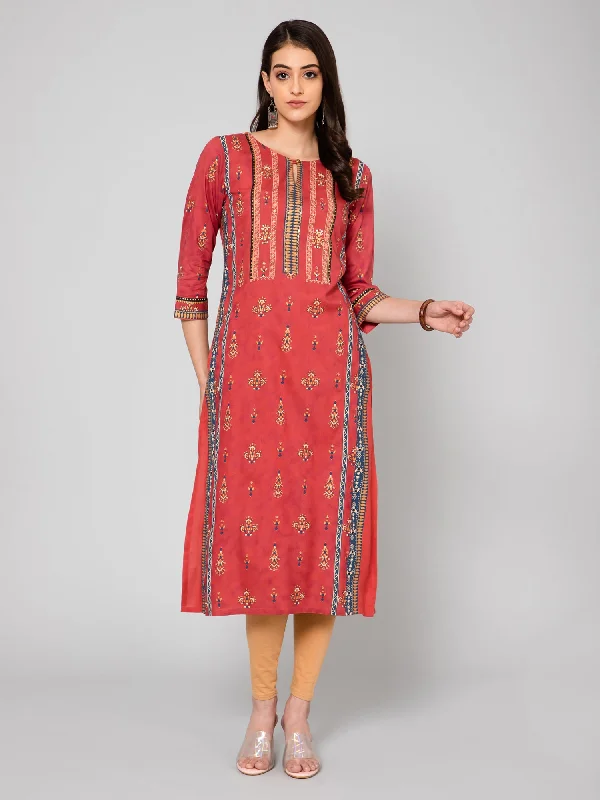 Women's  Round neck with keyhole Maroon Printed Calf length Kurti