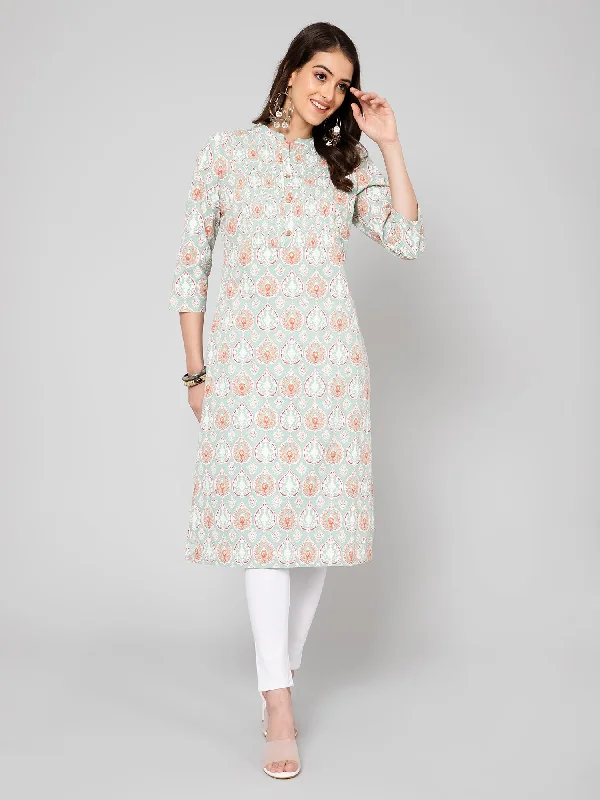 Women's Casual Band Collar Mintgreen Printed   Knee length Kurti