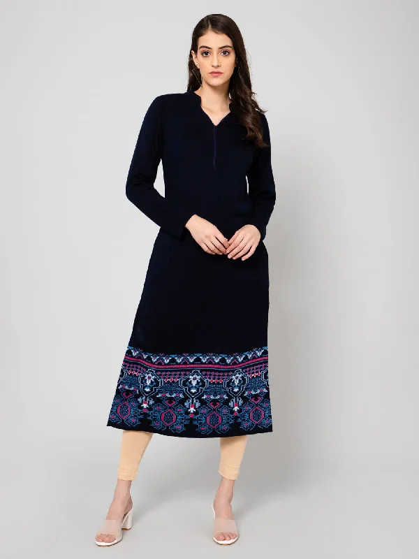 Women's Casual Mandarin Collar Navy Blue Jacquard Border Calf length Knit Kurti